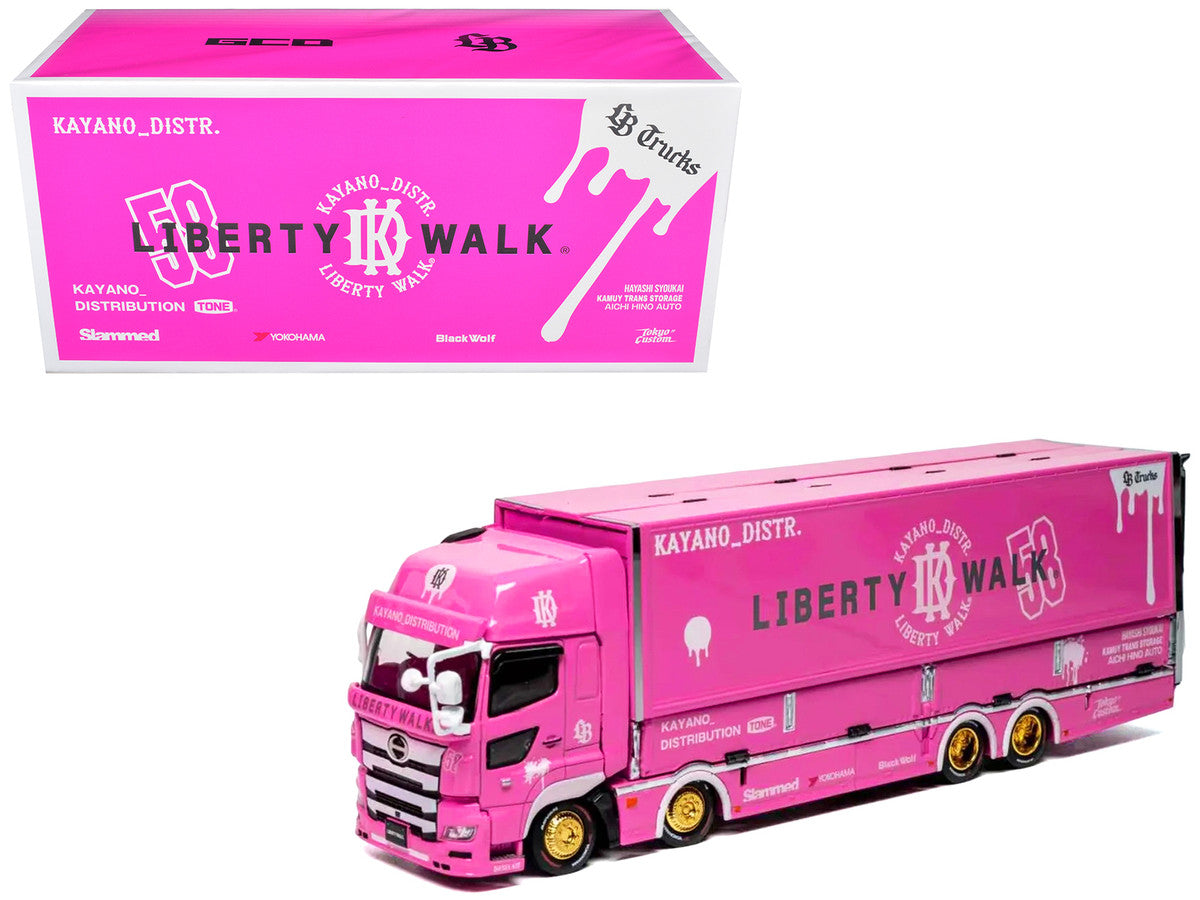 Hino 700 Transporter RHD (Right Hand Drive) "LB-Trucks - Kayano_Distr." Pink Metallic with Graphics 1/64 Diecast Model by GCD GCD