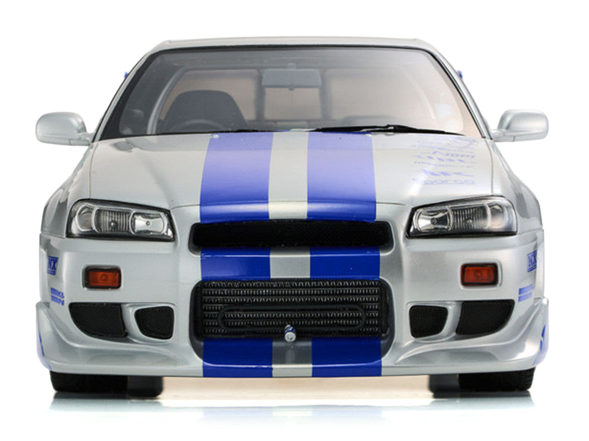 Nissan Skyline GT-R (R34) RHD (Right Hand Drive) Silver Metallic with Blue Graphics "2 Fast 2 Furious" (2003) Movie 1/12 Model Car by Kyosho Kyosho