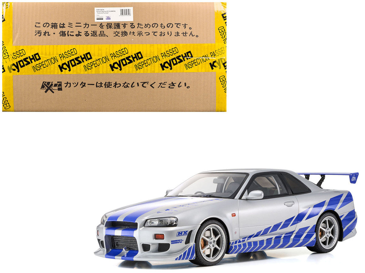 Nissan Skyline GT-R (R34) RHD (Right Hand Drive) Silver Metallic with Blue Graphics "2 Fast 2 Furious" (2003) Movie 1/12 Model Car by Kyosho Kyosho