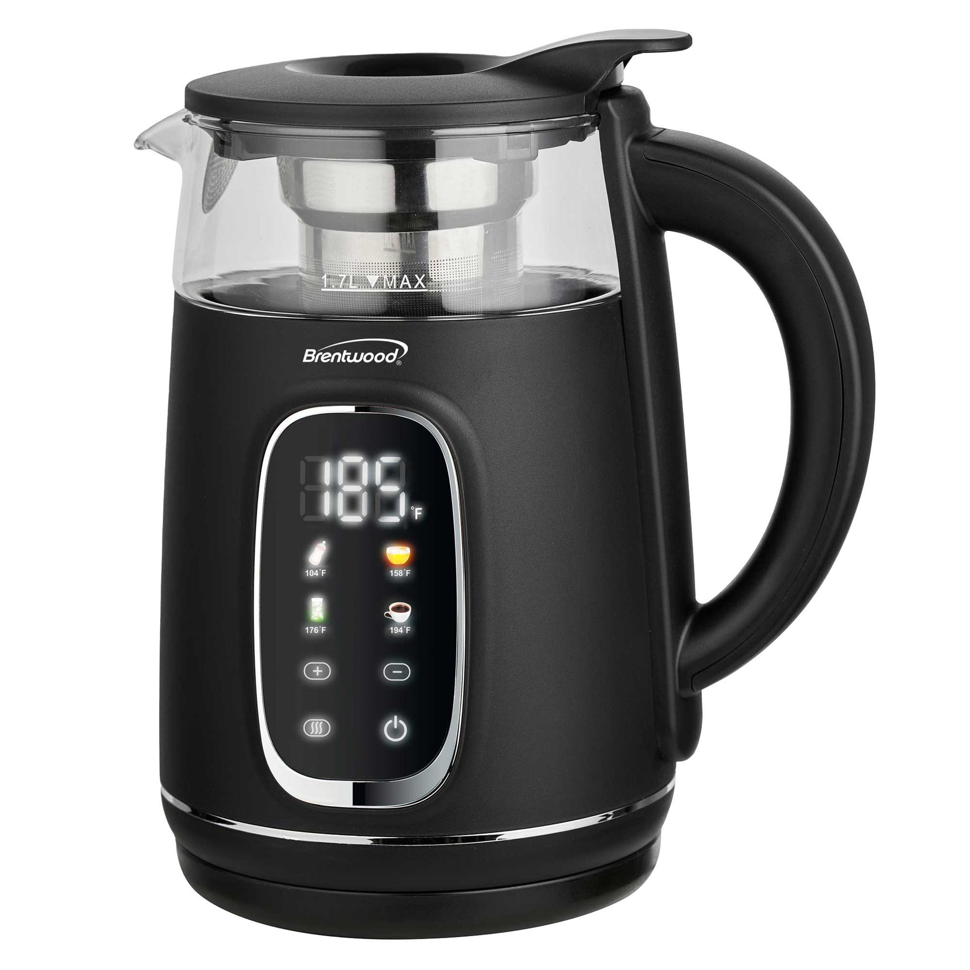 Brentwood 1.7L 1100W BPA Free 360 Cordless Digital Glass Electric Kettle in Black with Tea Infuser W2B
