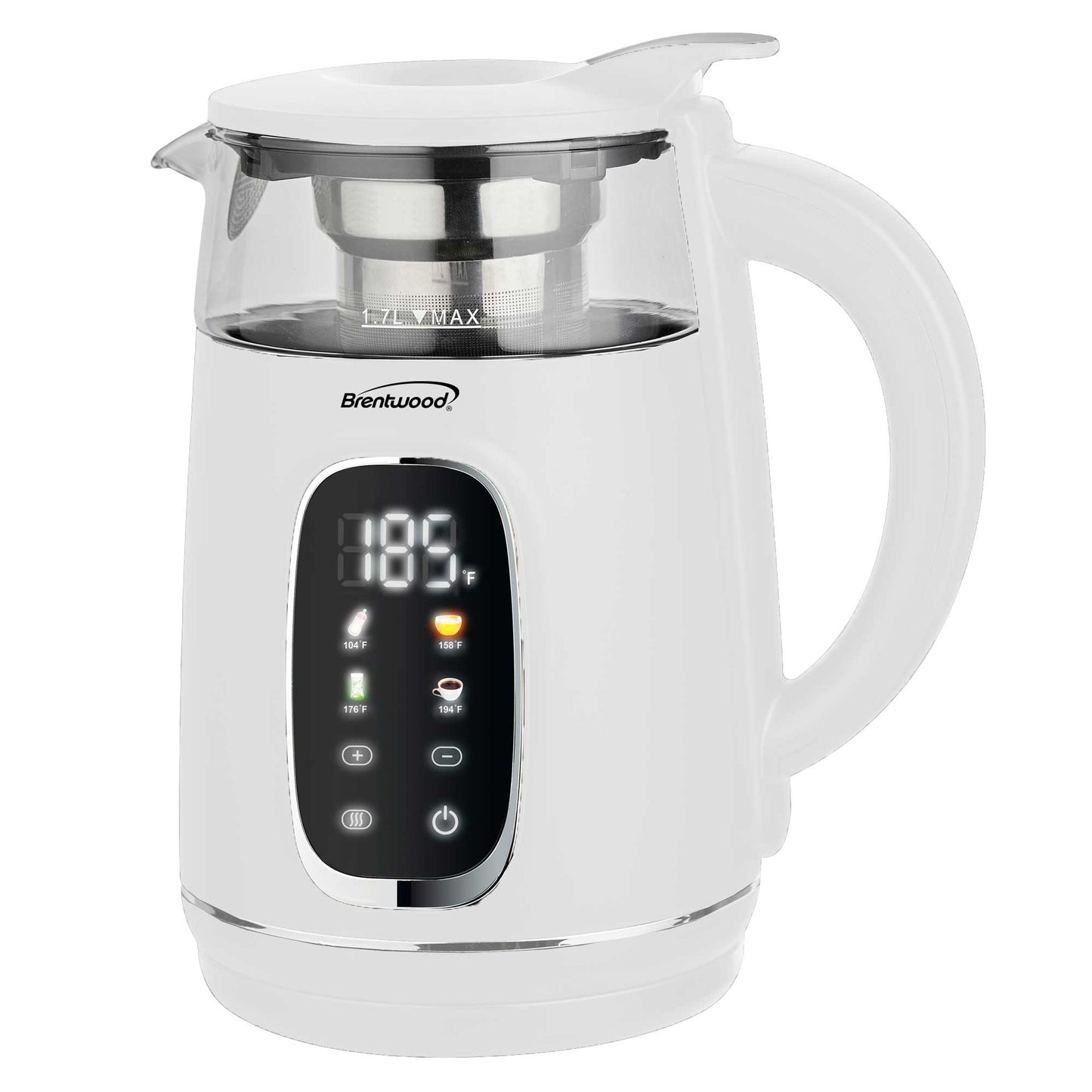 Brentwood 1.7L 1100W BPA Free 360 Cordless Digital Glass Electric Kettle in White with Tea Infuser W2B