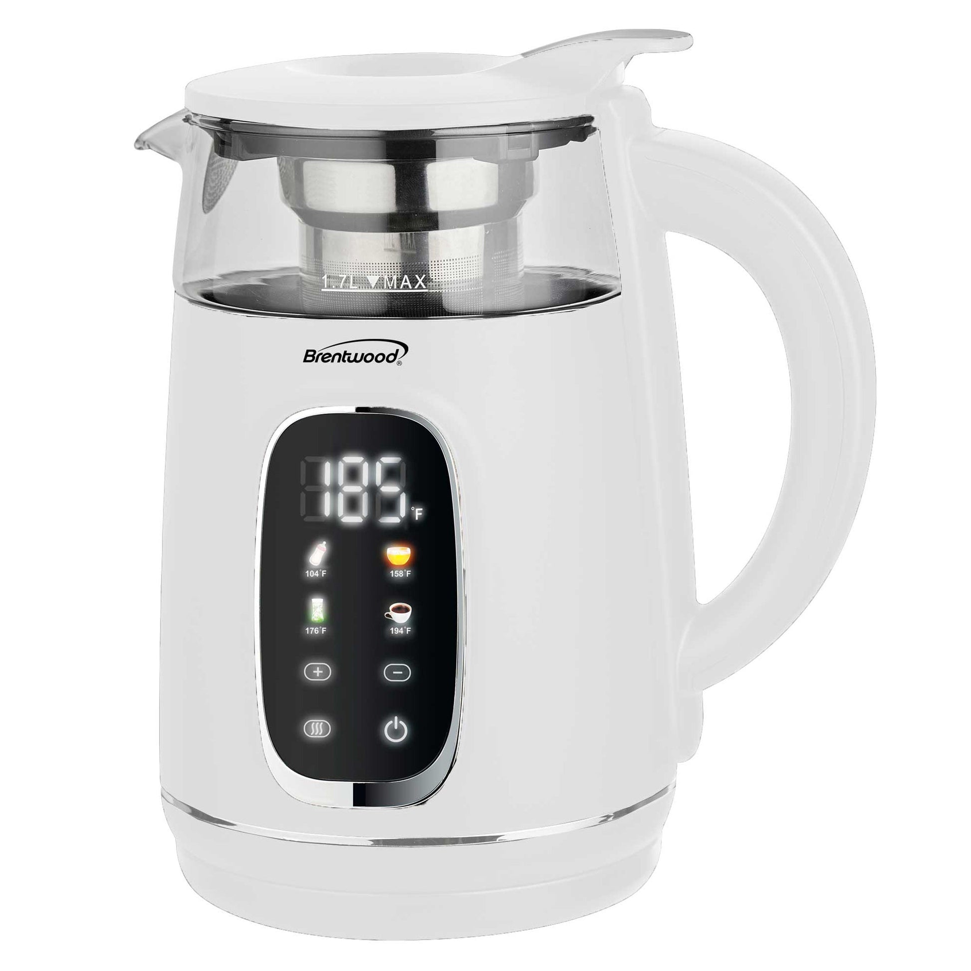 Brentwood 1.7L 1100W BPA Free 360 Cordless Digital Glass Electric Kettle in White with Tea Infuser W2B
