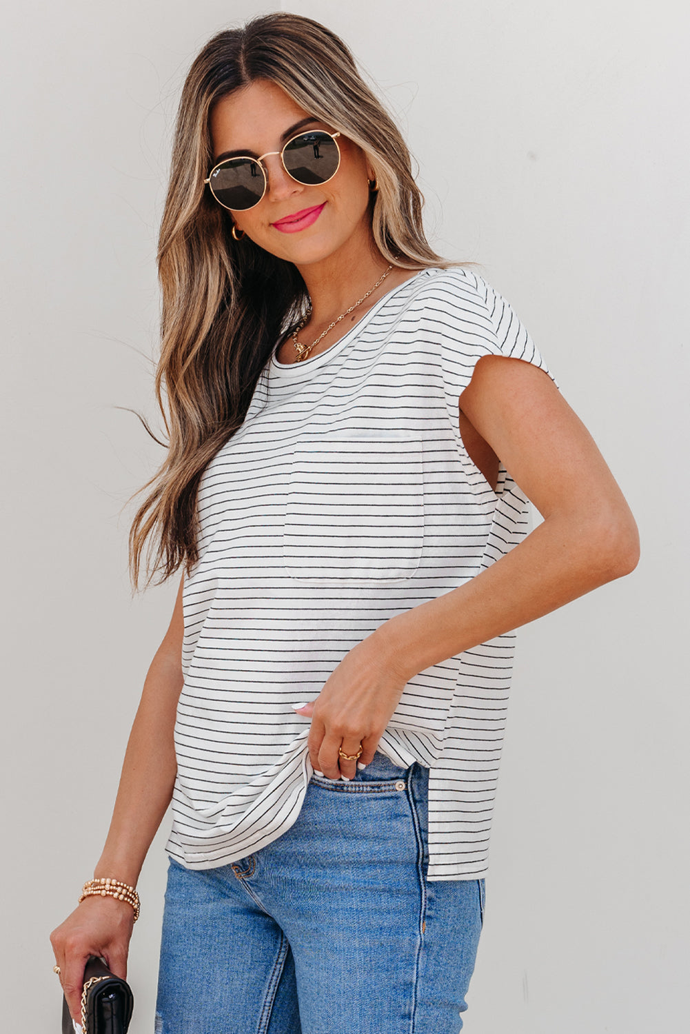 Tilly Stripe Cap Sleeve Crew Neck top Threaded Pear