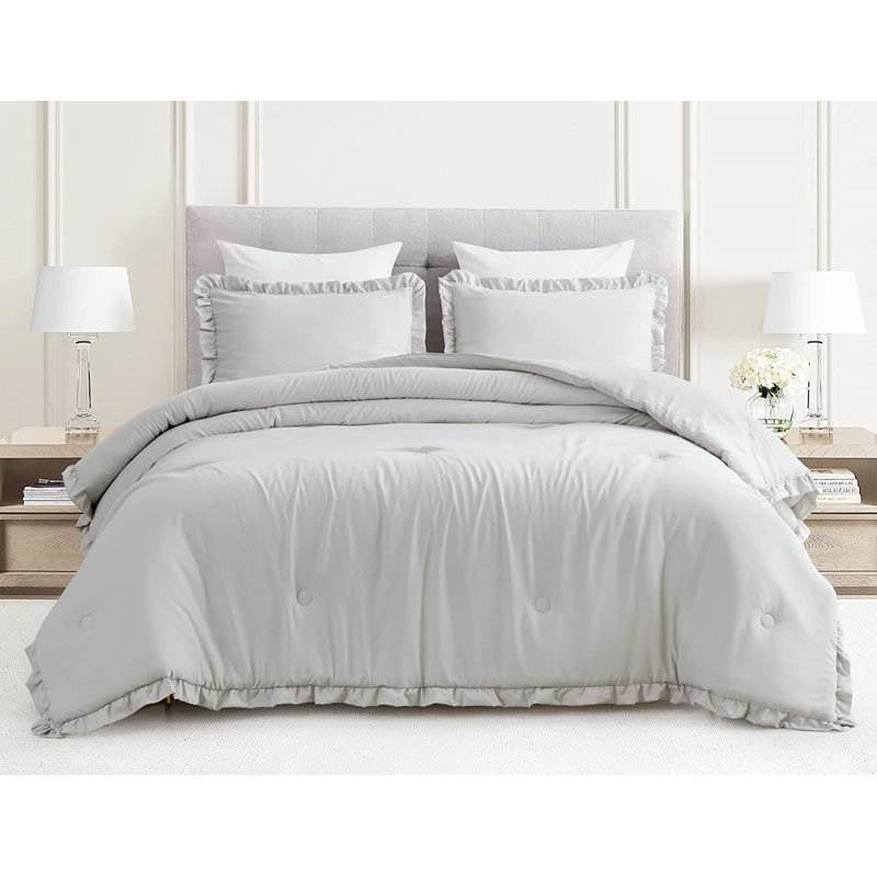 Queen Oversized Grey Ruffled Edge Microfiber Comforter Set FastFurnishings