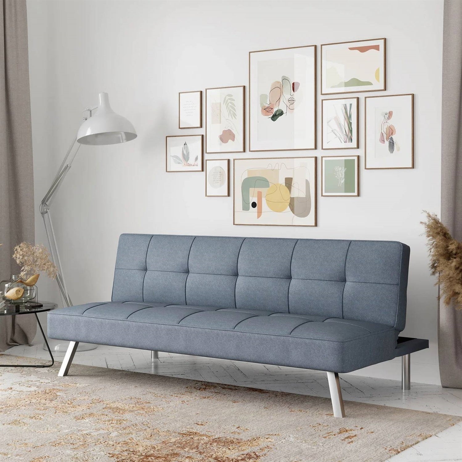 Modern Futon Sofa Bed in Light Gray Fabric with Chrome Metal Legs-0
