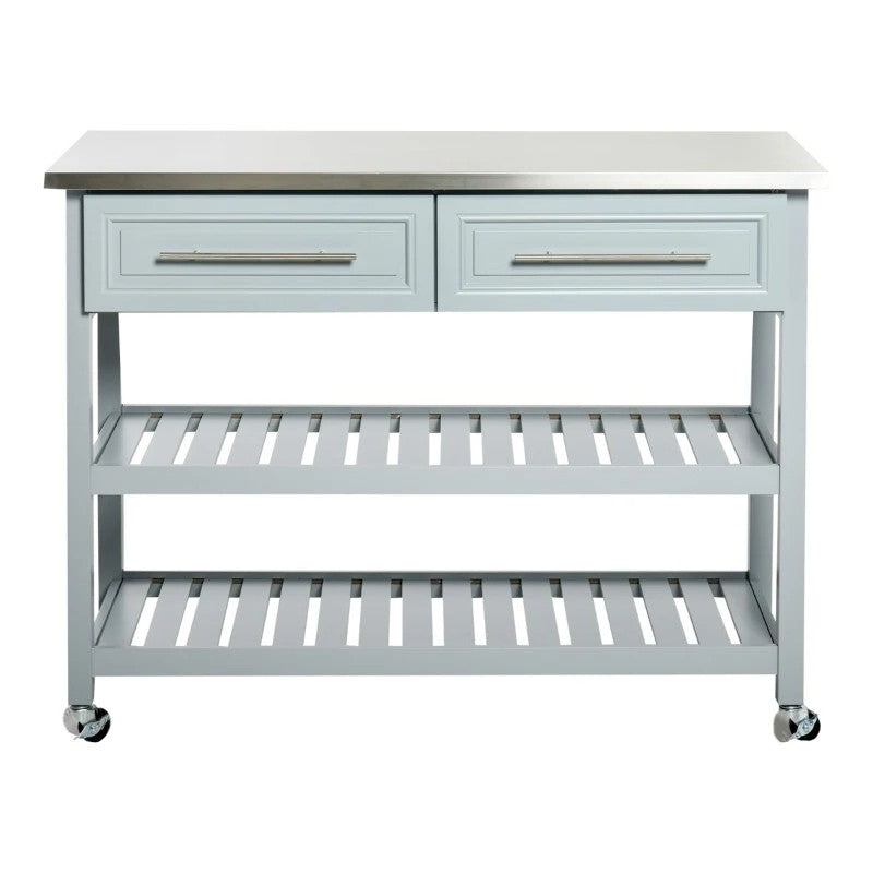 Light Gray Rolling Kitchen Island 2 Drawers Storage with Stainless Steel Top HomePacific