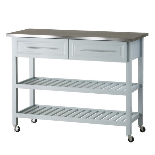 Light Gray Rolling Kitchen Island 2 Drawers Storage with Stainless Steel Top HomePacific