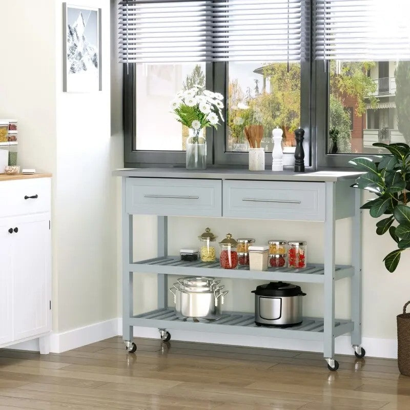 Light Gray Rolling Kitchen Island 2 Drawers Storage with Stainless Steel Top HomePacific