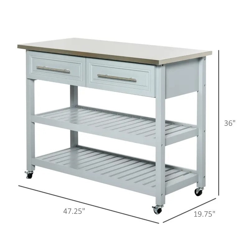 Light Gray Rolling Kitchen Island 2 Drawers Storage with Stainless Steel Top HomePacific