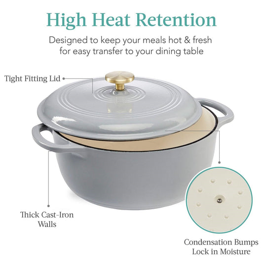 6 Quart Large Light Grey Enamel Cast-Iron Dutch Oven Kitchen Cookware FastFurnishings