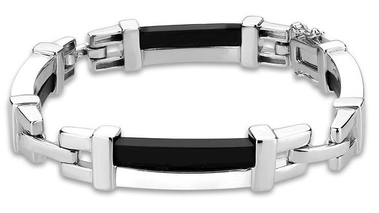 LOS331 - Rhodium Sterling Silver Bracelet with Leather in Jet Alamode