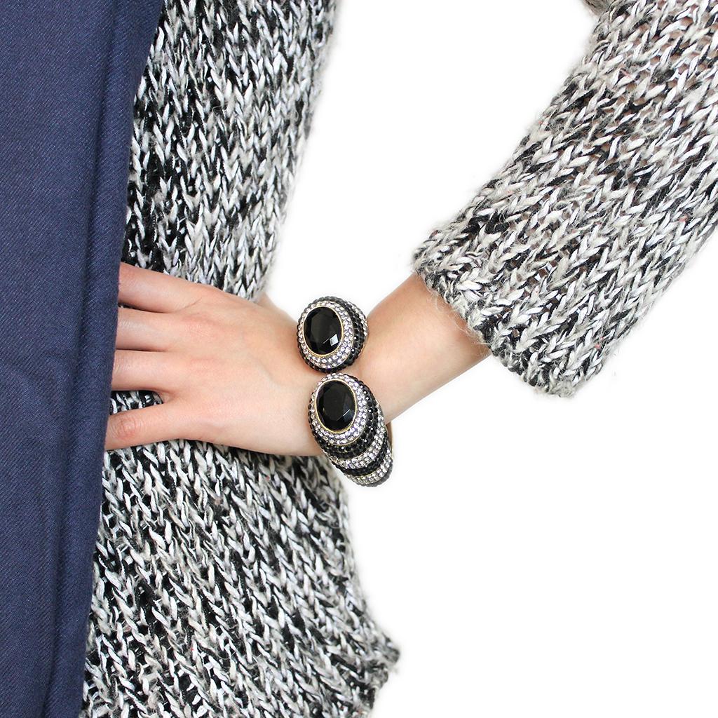 LO4274 - Gold Brass Bangle with Synthetic  in Jet-4