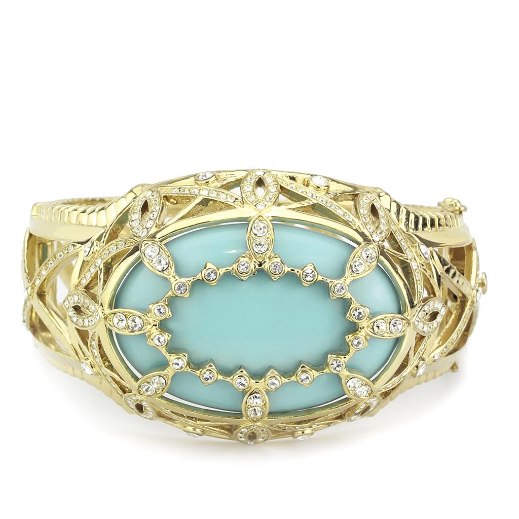 LO4348 - Gold Brass Bangle with Synthetic  in Sea Blue Alamode