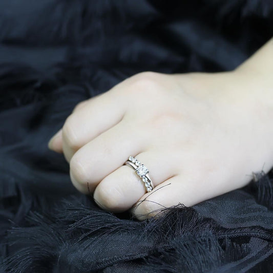 LO4713 - Rhodium Brass Ring with AAA Grade CZ  in Clear Alamode