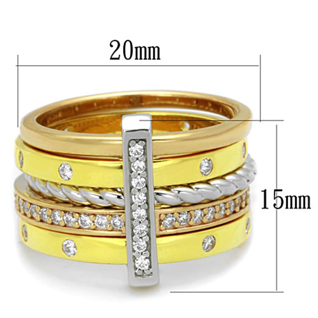LOS810 - Rhodium + Gold + Rose Gold 925 Sterling Silver Ring with AAA Grade CZ  in Clear-1