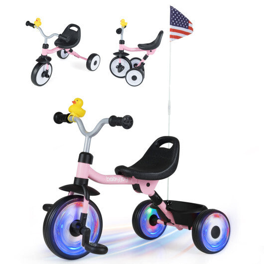 Glowing Wheels Toddler Tricycle  Foldable Kids Trike with Basket and Duck Bell W2B