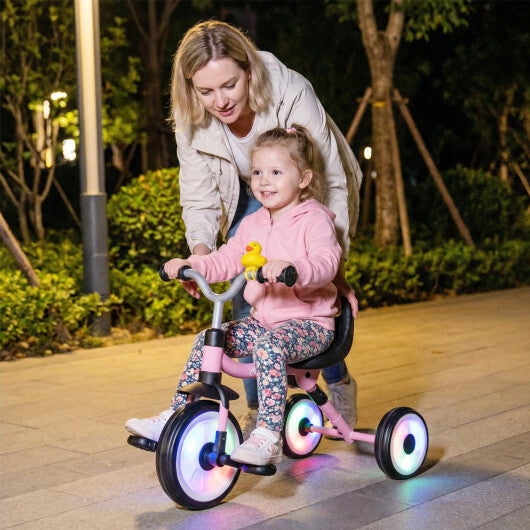 Glowing Wheels Toddler Tricycle  Foldable Kids Trike with Basket and Duck Bell W2B