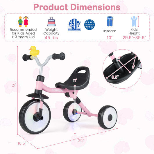 Glowing Wheels Toddler Tricycle  Foldable Kids Trike with Basket and Duck Bell W2B
