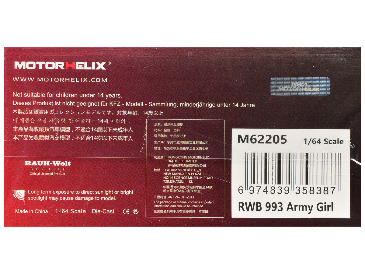 RWB 993 "Army Girl" Blue Metallic with White Accents and Display Engin 1/64 Diecast Model Car by MotorHelix Motorhelix