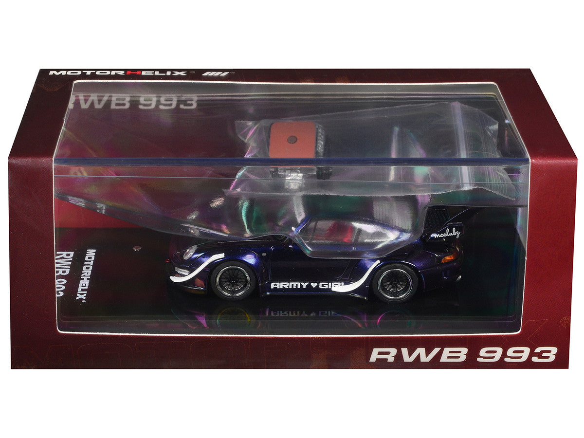 RWB 993 "Army Girl" Blue Metallic with White Accents and Display Engin 1/64 Diecast Model Car by MotorHelix Motorhelix