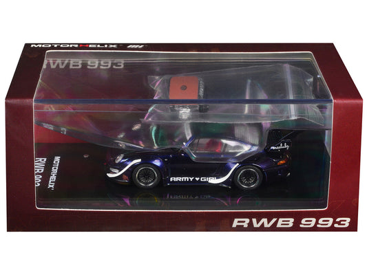 RWB 993 "Army Girl" Blue Metallic with White Accents and Display Engin 1/64 Diecast Model Car by MotorHelix Motorhelix