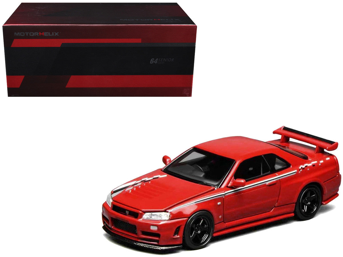 Nissan Skyline GT-R (R34) Nismo RHD (Right Hand Drive) Custom Red with Stripes "Senior 64" Series 1/64 Diecast Model Car by MotorHelix Motorhelix