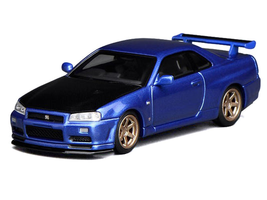 Nissan Skyline GT-R (R34) V-Spec II RHD (Right Hand Drive) Bayside Blue Metallic with Carbon Hood "Senior 64" Series 1/64 Diecast Model Car by MotorHelix-1