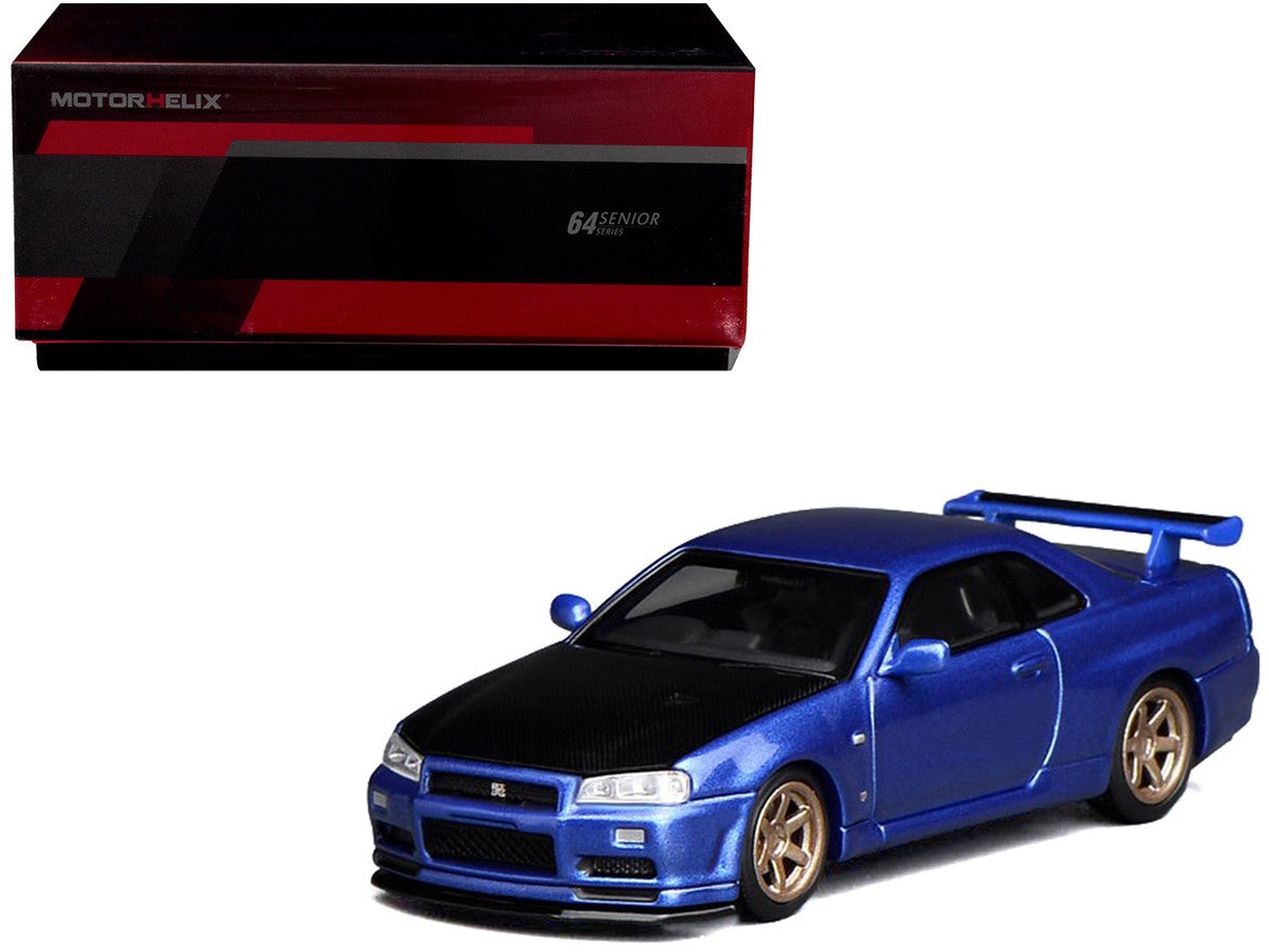 Nissan Skyline GT-R (R34) V-Spec II RHD (Right Hand Drive) Bayside Blue Metallic with Carbon Hood "Senior 64" Series 1/64 Diecast Model Car by MotorHelix-0