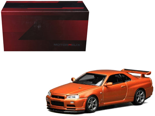 Nissan Skyline GT-R (R34) V-Spec II RHD (Right Hand Drive) Orange Metallic "Senior 64" Series 1/64 Diecast Model Car by MotorHelix Motorhelix