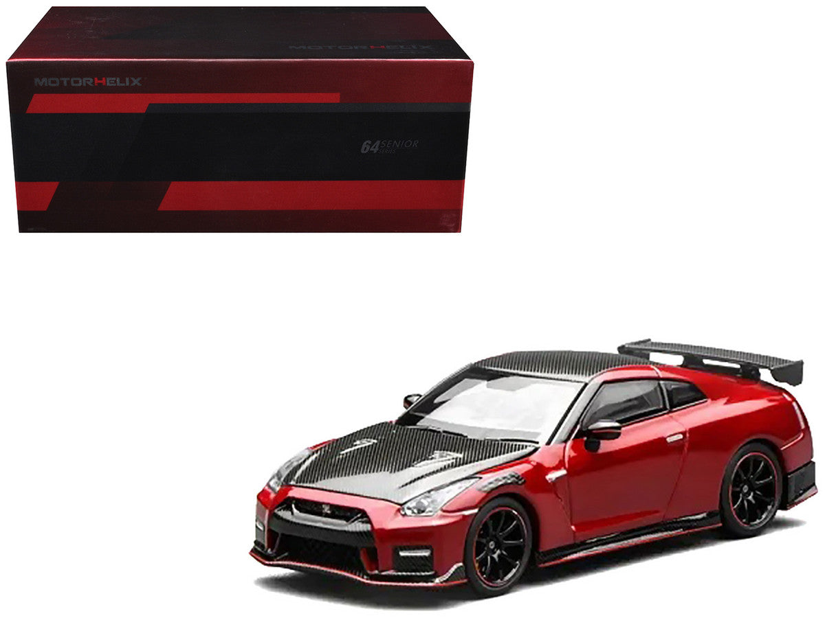 2022 Nissan GT-R Nismo (R35) RHD (Right Hand Drive) Vibrant Red with Carbon Hood and Top "Senior 64" Series 1/64 Diecast Model Car by MotorHelix Motorhelix