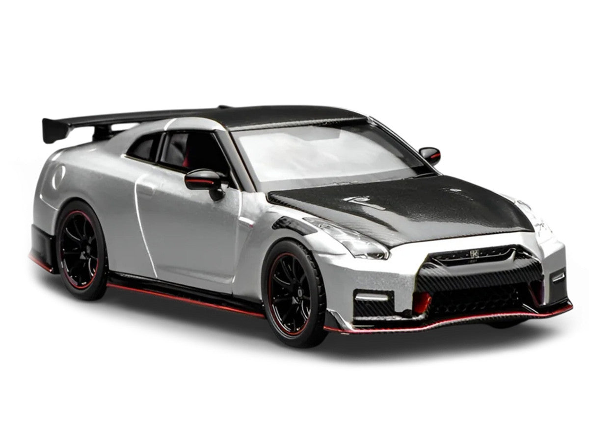 2022 Nissan GT-R Nismo (R35) RHD (Right Hand Drive) Ultimate Metal Silver Metallic with Carbon Hood and Top "Senior 64" Series 1/64 Diecast Model Car by MotorHelix Motorhelix