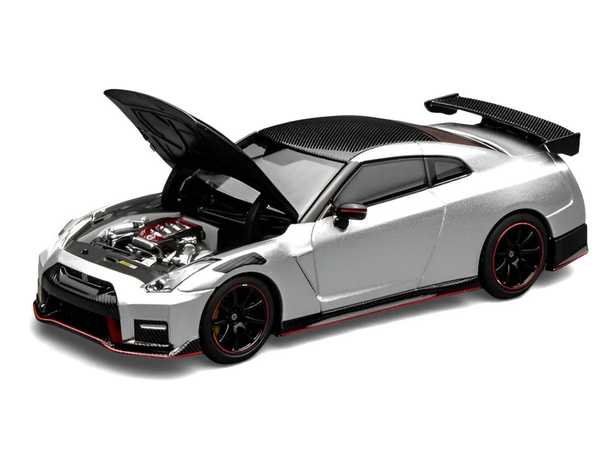 2022 Nissan GT-R Nismo (R35) RHD (Right Hand Drive) Ultimate Metal Silver Metallic with Carbon Hood and Top "Senior 64" Series 1/64 Diecast Model Car by MotorHelix Motorhelix