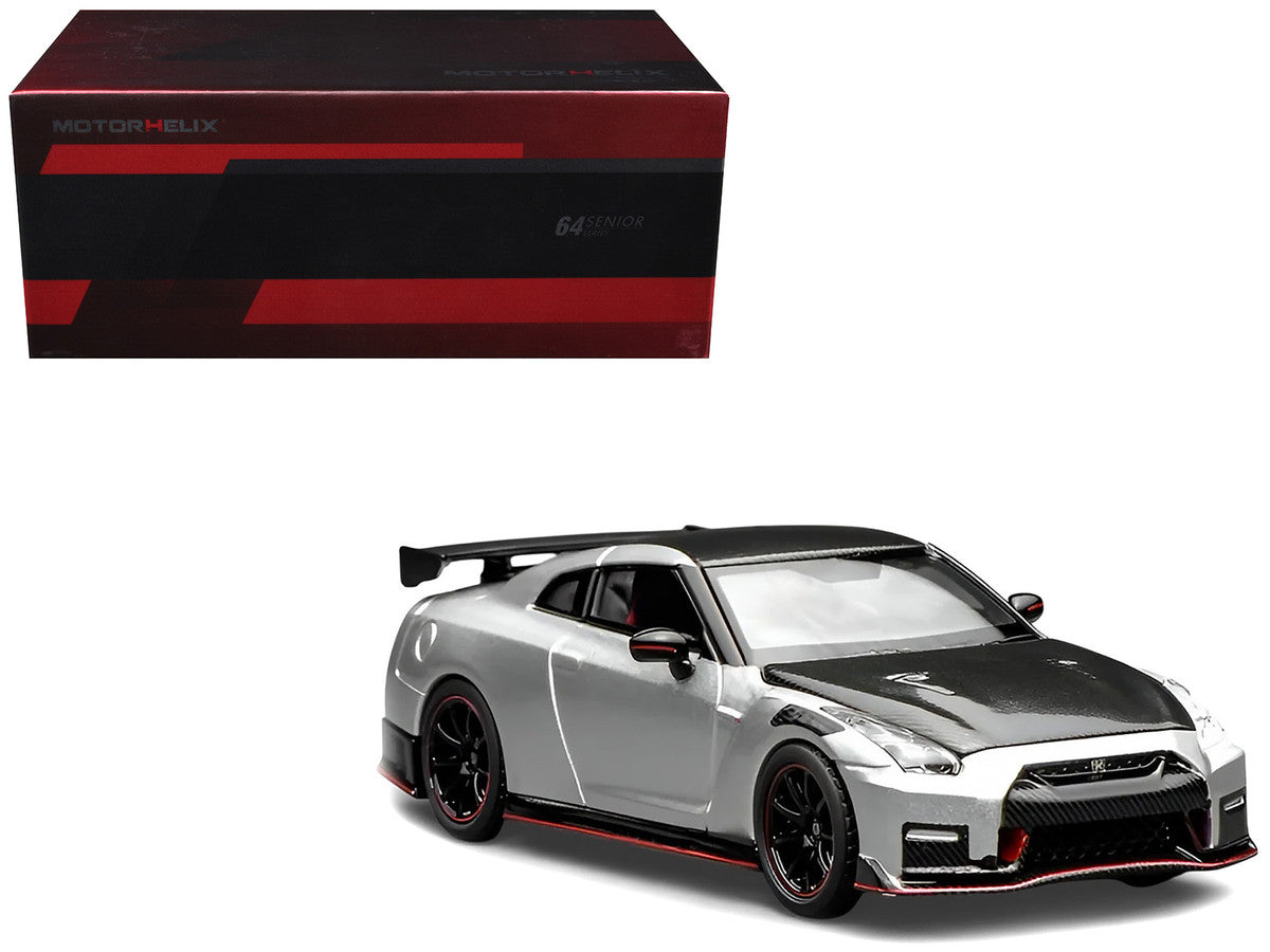 2022 Nissan GT-R Nismo (R35) RHD (Right Hand Drive) Ultimate Metal Silver Metallic with Carbon Hood and Top "Senior 64" Series 1/64 Diecast Model Car by MotorHelix Motorhelix