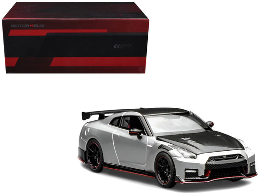 2022 Nissan GT-R Nismo (R35) RHD (Right Hand Drive) Ultimate Metal Silver Metallic with Carbon Hood and Top "Senior 64" Series 1/64 Diecast Model Car by MotorHelix Motorhelix