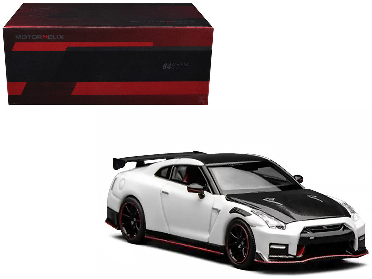 2022 Nissan GT-R Nismo (R35) RHD (Right Hand Drive) Brilliant White Pearl with Carbon Hood and Top "Senior 64" Series 1/64 Diecast Model Car by MotorHelix Motorhelix