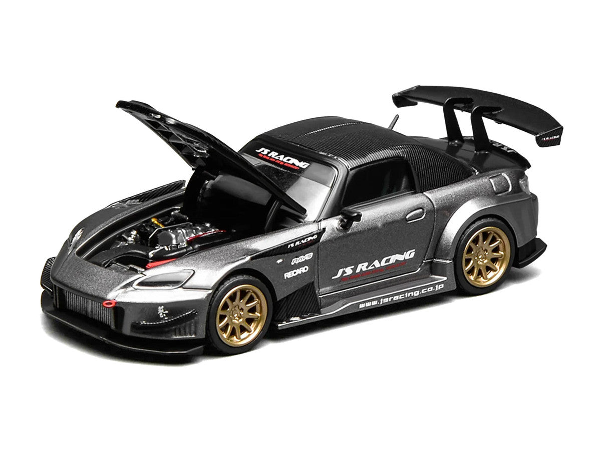 Honda S2000 RHD (Right Hand Drive) "J's Racing" Moon Rock Gray Metallic with Carbon Hood and Top 1/64 Diecast Model Car by MotorHelix Motorhelix