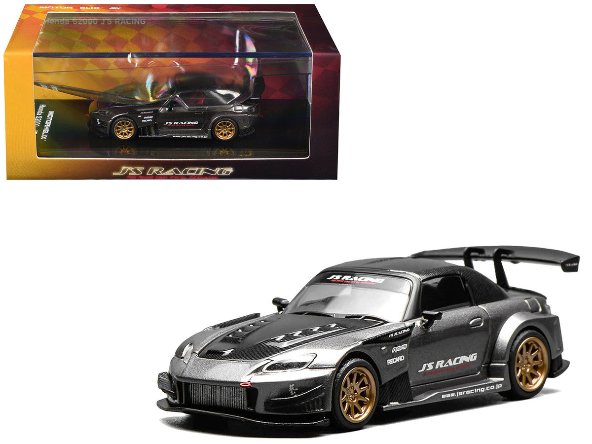 Honda S2000 RHD (Right Hand Drive) "J's Racing" Moon Rock Gray Metallic with Carbon Hood and Top 1/64 Diecast Model Car by MotorHelix Motorhelix