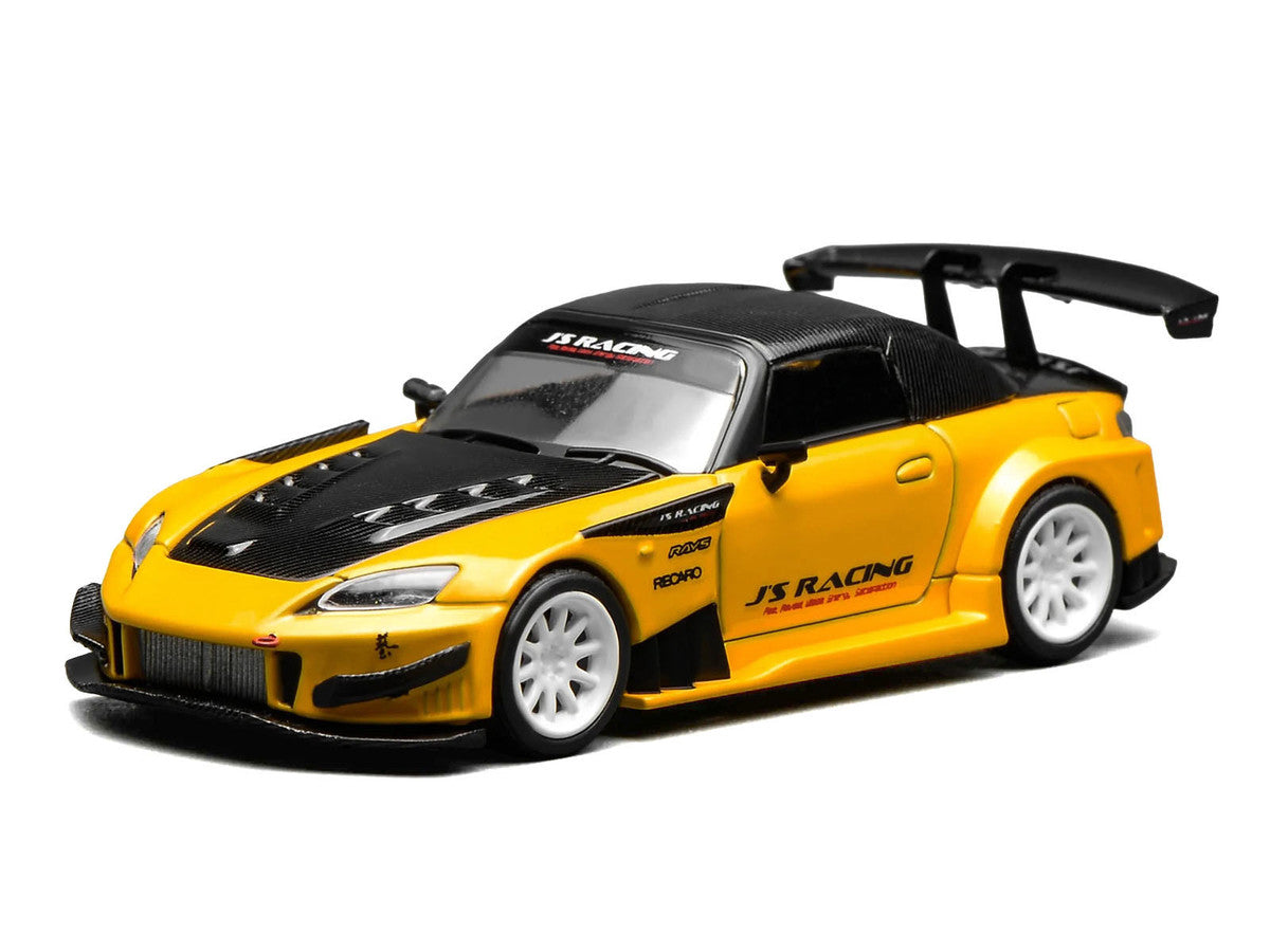 Honda S2000 RHD (Right Hand Drive) "J's Racing" New Indy Yellow Pearl with Carbon Hood and Top 1/64 Diecast Model Car by MotorHelix Motorhelix