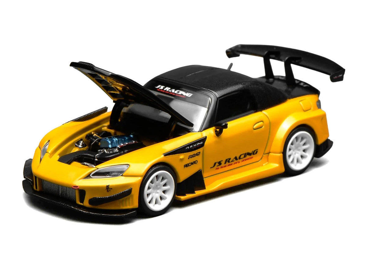 Honda S2000 RHD (Right Hand Drive) "J's Racing" New Indy Yellow Pearl with Carbon Hood and Top 1/64 Diecast Model Car by MotorHelix Motorhelix