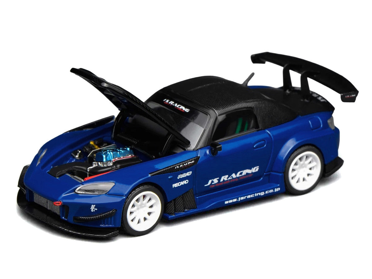 Honda S2000 RHD (Right Hand Drive) "J's Racing" Apex Blue Pearl with Carbon Hood and Top 1/64 Diecast Model Car by MotorHelix Motorhelix