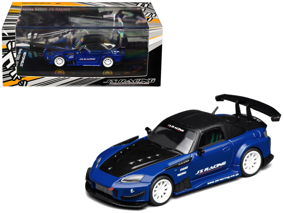 Honda S2000 RHD (Right Hand Drive) "J's Racing" Apex Blue Pearl with Carbon Hood and Top 1/64 Diecast Model Car by MotorHelix Motorhelix