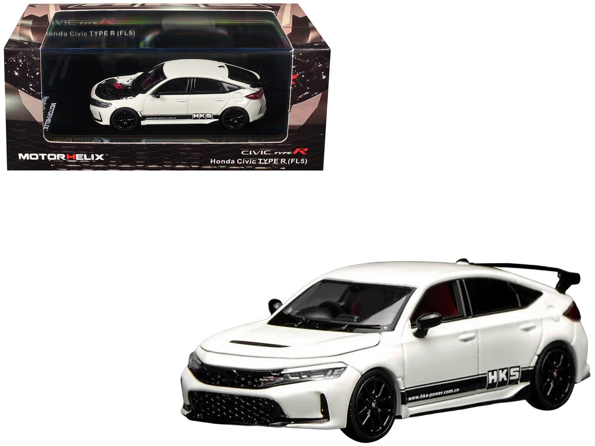 Honda Civic Type R (FL5) RHD (Right Hand Drive) "HKS" White with Black Stripes 1/64 Diecast Model Car by MotorHelix-4