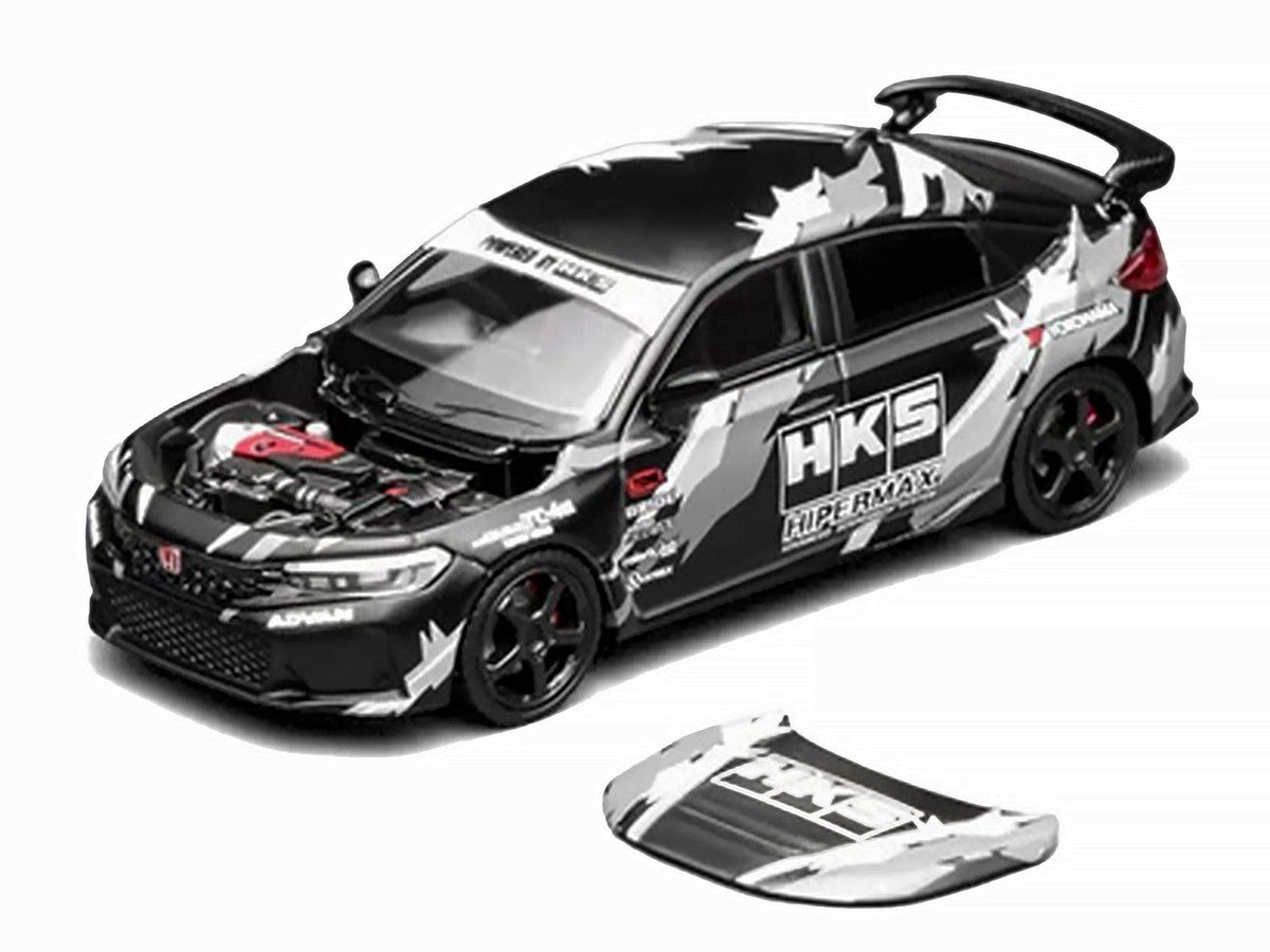 Honda Civic Type R (FL5) RHD (Right Hand Drive) "HKS" Matt Black with Graphics 1/64 Diecast Model Car by MotorHelix-3