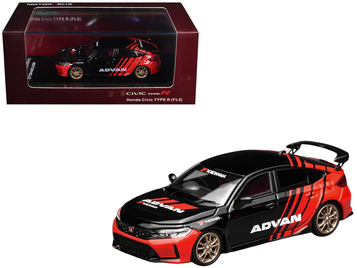 Honda Civic Type R (FL5) RHD (Right Hand Drive) "ADVAN" Black and Red 1/64 Diecast Model Car by MotorHelix-3