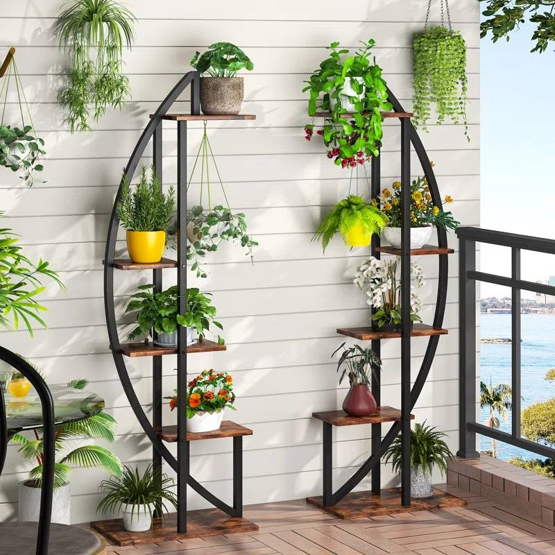 Set of 2 - Symmetrical Modern Metal Wood 10-Shelf Plant Stand FastFurnishings