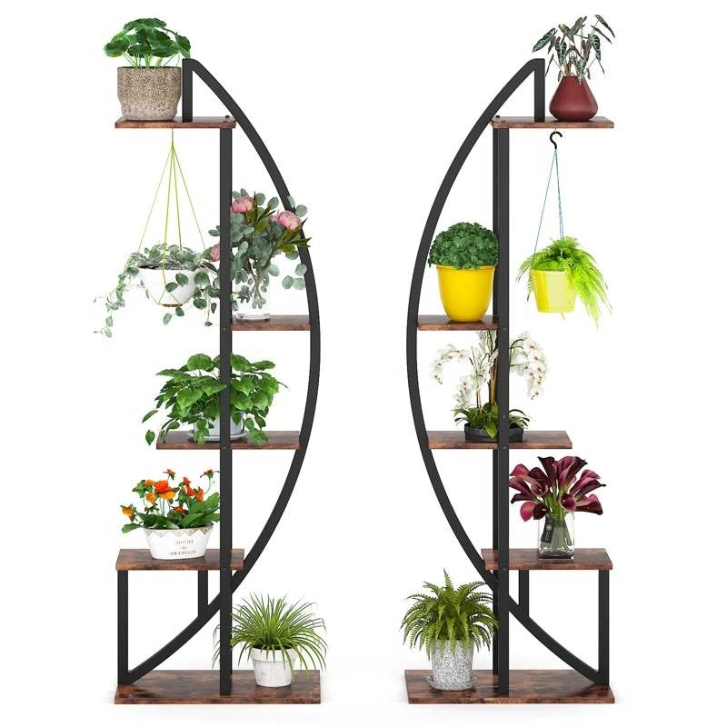 Set of 2 - Symmetrical Modern Metal Wood 10-Shelf Plant Stand FastFurnishings