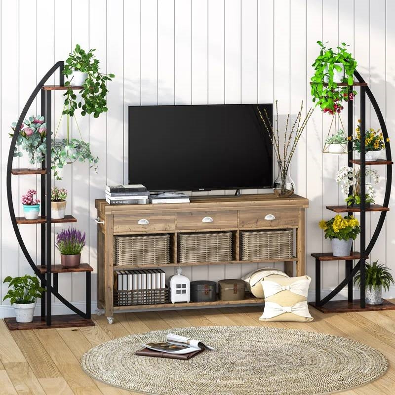 Set of 2 - Symmetrical Modern Metal Wood 10-Shelf Plant Stand FastFurnishings