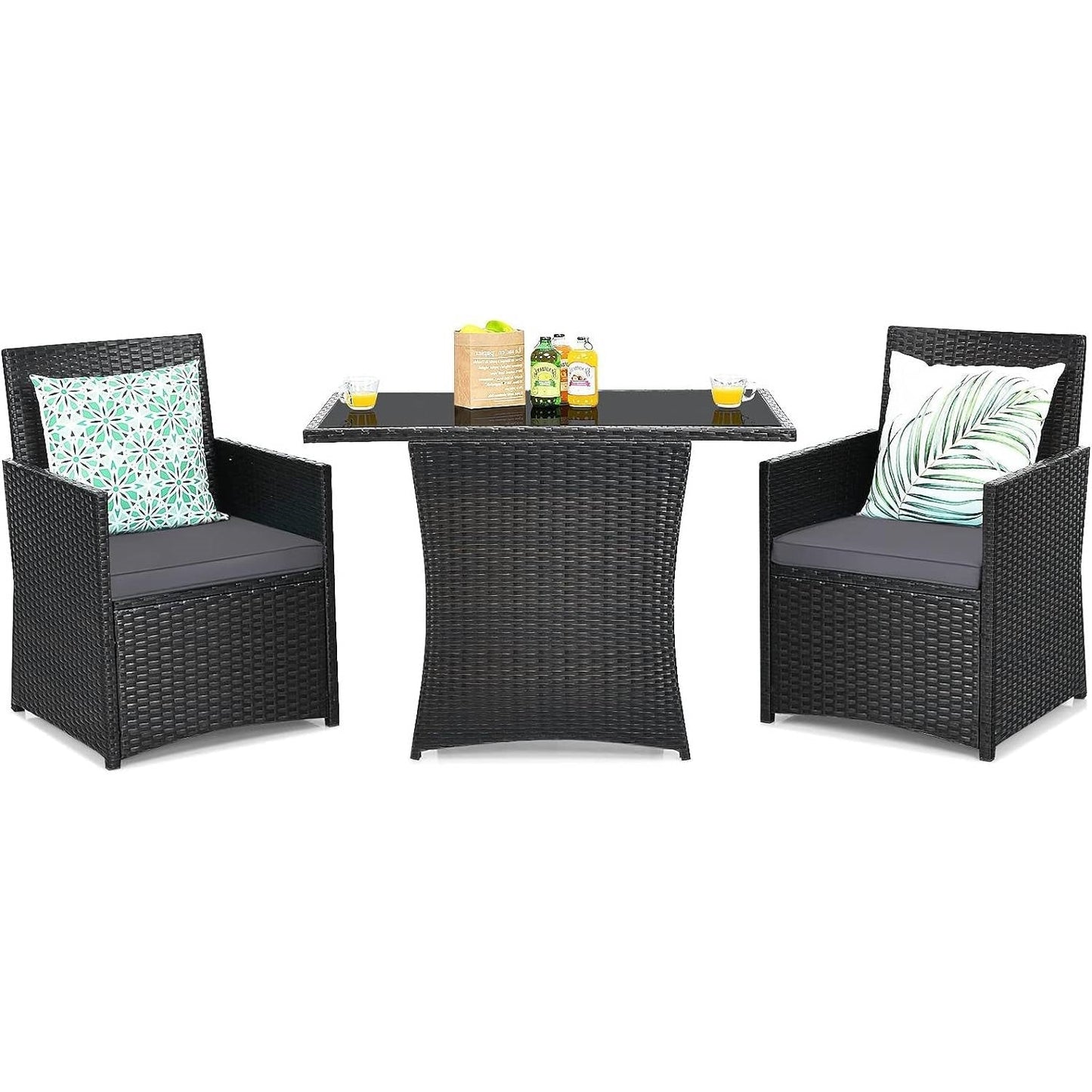 3-Piece Outdoor Patio Furniture Bistro Dining Set in Brown Grey PE Rattan FastFurnishings