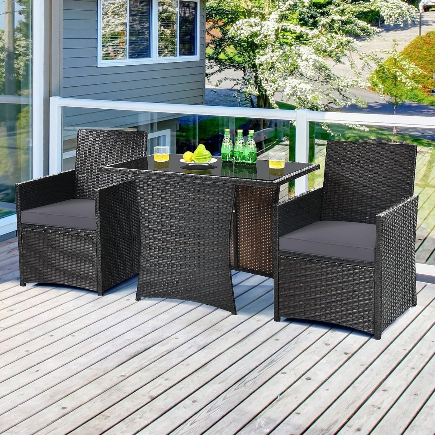 3-Piece Outdoor Patio Furniture Bistro Dining Set in Brown Grey PE Rattan FastFurnishings