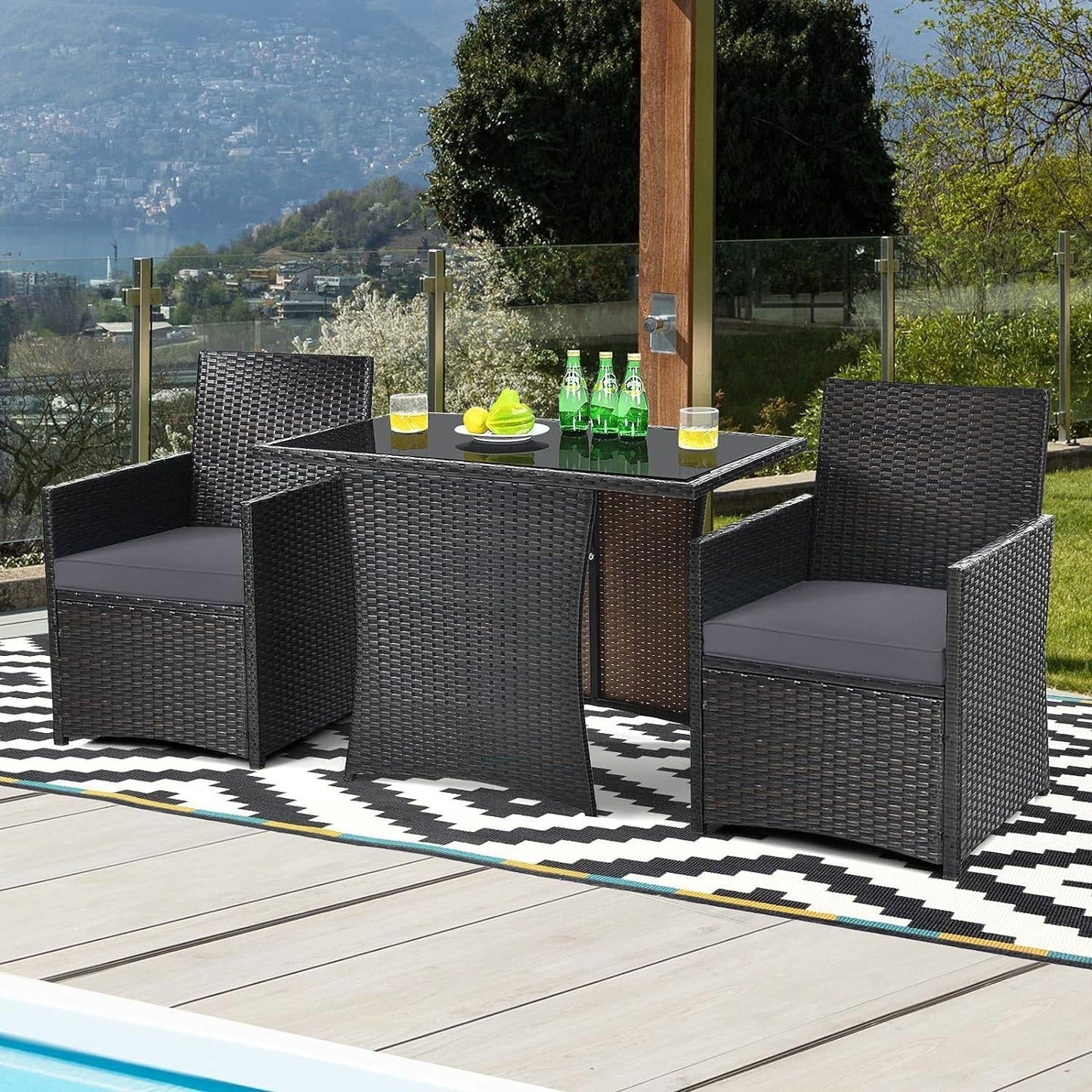 3-Piece Outdoor Patio Furniture Bistro Dining Set in Brown Grey PE Rattan FastFurnishings